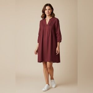 J. Jill Brushed Twill V-Neck Pintuck Dress Burgundy Size Medium